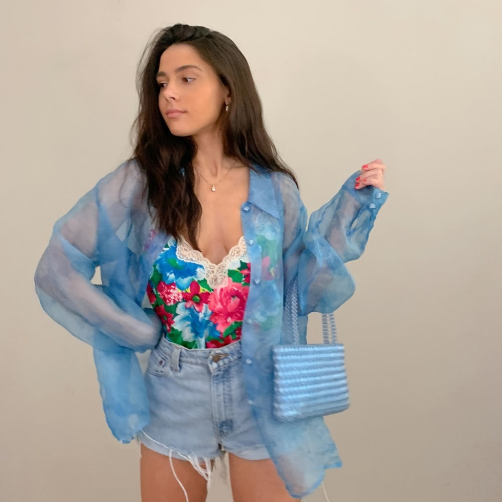 icy blue sheer silk blouse